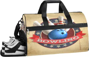 Bowling Retro Grunge Pattern Sports Gym Bag for Women and Men Travel Duffel Bag Overnight Shoulder Bag Waterproof Workout Bag Portable Sports Tote with Shoes Compartment