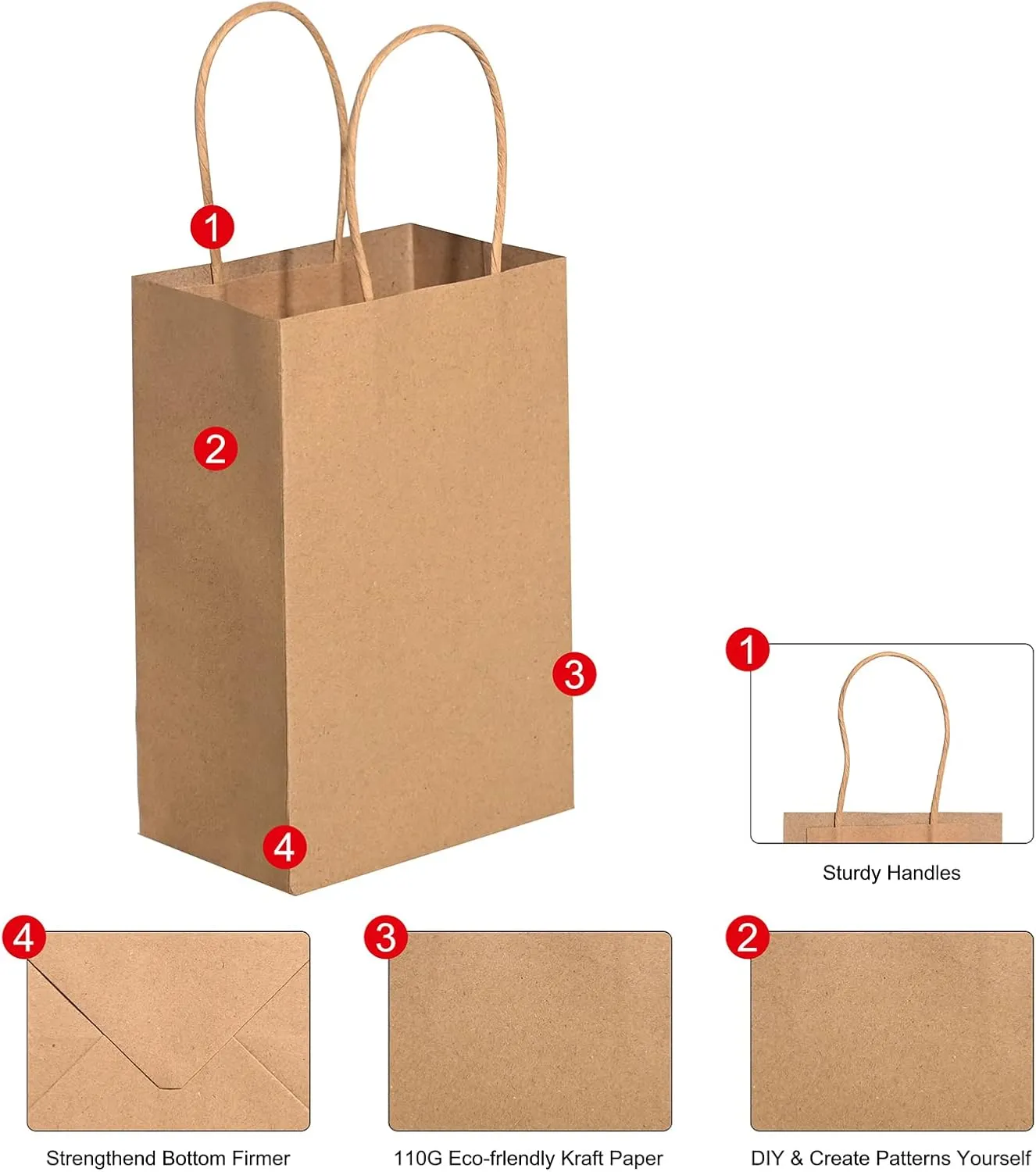 Brothersbox Small Brown Paper Bags with Handles 100PCS, 5.25 * 3.25 * 8 Inch Kraft Gift Bags Bulk for Craft Shopping Business Party Favor Retail Birthday Grocery
