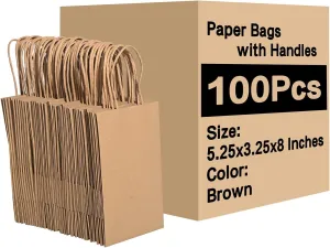 Brothersbox Small Brown Paper Bags with Handles 100PCS, 5.25 * 3.25 * 8 Inch Kraft Gift Bags Bulk for Craft Shopping Business Party Favor Retail Birthday Grocery