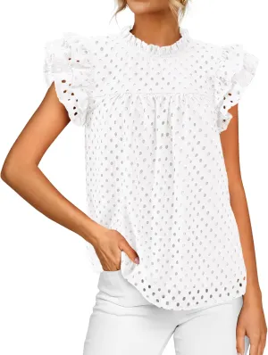 BTFBM Casual Summer Tops for Women 2025 Short Ruffle Sleeves Shirts Crew Neck Hollow Out Lace Embroidered Blouses