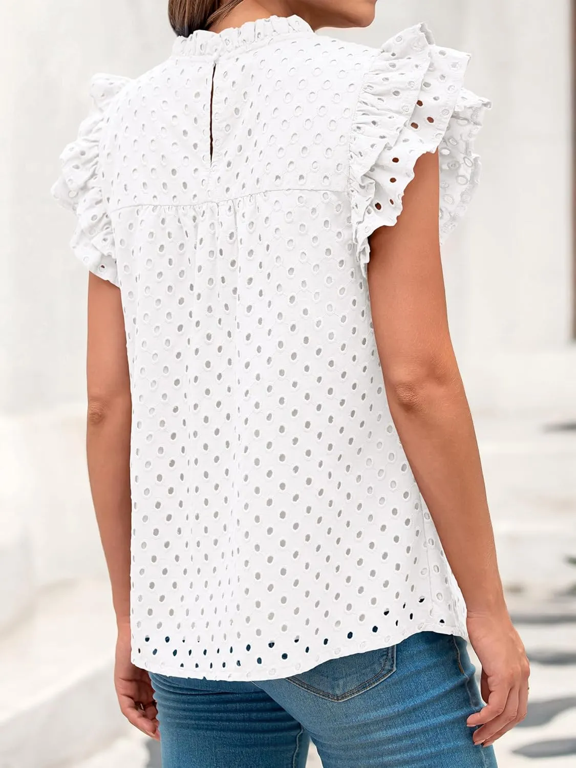 BTFBM Casual Summer Tops for Women 2025 Short Ruffle Sleeves Shirts Crew Neck Hollow Out Lace Embroidered Blouses