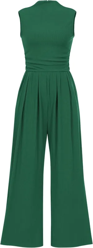 BTFBM One Piece Jumpsuits For Women Dressy Casual Spring Summer Outfits 2025 Sleeveless Mock Neck Wide Leg Pants Rompers