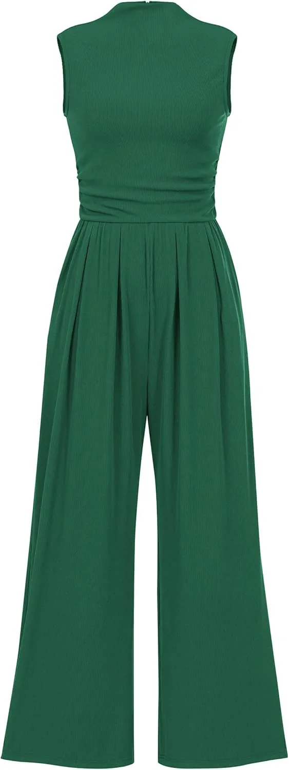BTFBM One Piece Jumpsuits For Women Dressy Casual Spring Summer Outfits 2025 Sleeveless Mock Neck Wide Leg Pants Rompers