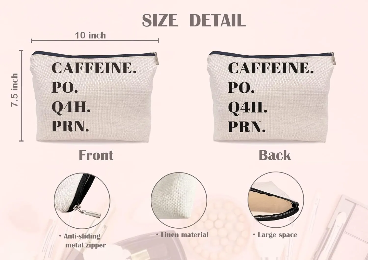 Caffeine PO Q4H Prn Funny Nurse Nursing Makeup Bag Make up Cosmetic Bag Small Zipper Pouch,Gift for Nursing Practitioner RN,Nursing Gift,Nurse Graduate Gift