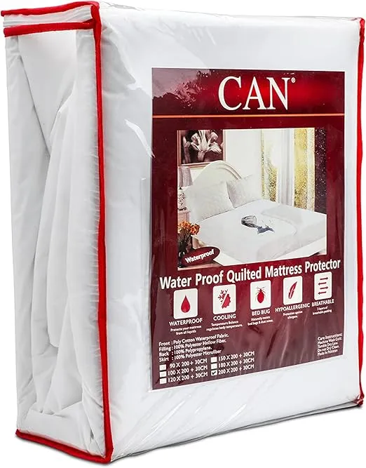 CAN Waterproof Quilted Mattress Protector (TC144 Poly Cotton Fabric, White)