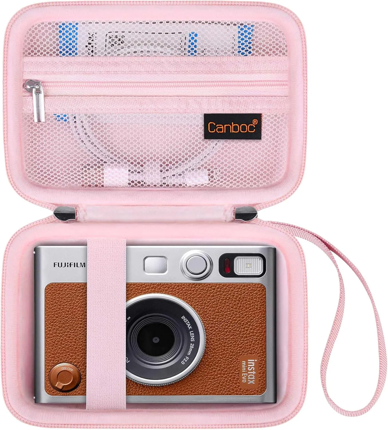 Canboc Carrying Case for Fujifilm Instax Mini EVO Instant Camera, Mesh Pocket fit Instax Mini Instant Film and Cable, Pink
