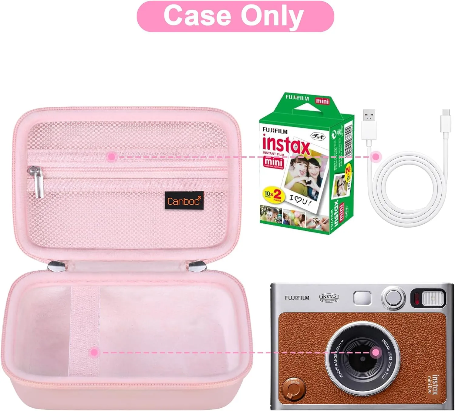 Canboc Carrying Case for Fujifilm Instax Mini EVO Instant Camera, Mesh Pocket fit Instax Mini Instant Film and Cable, Pink