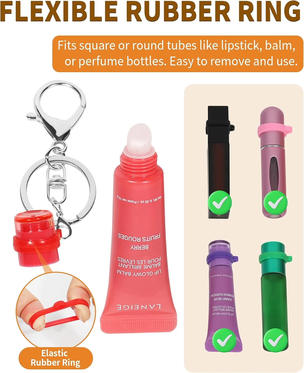 Chapstick Holder Key Chain - 3 Pack Keychain with 9 Rubber Rings, Purse Charms Keychain Wristlet Wallet Accessories