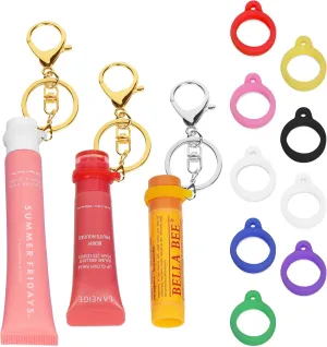 Chapstick Holder Key Chain - 3 Pack Keychain with 9 Rubber Rings, Purse Charms Keychain Wristlet Wallet Accessories
