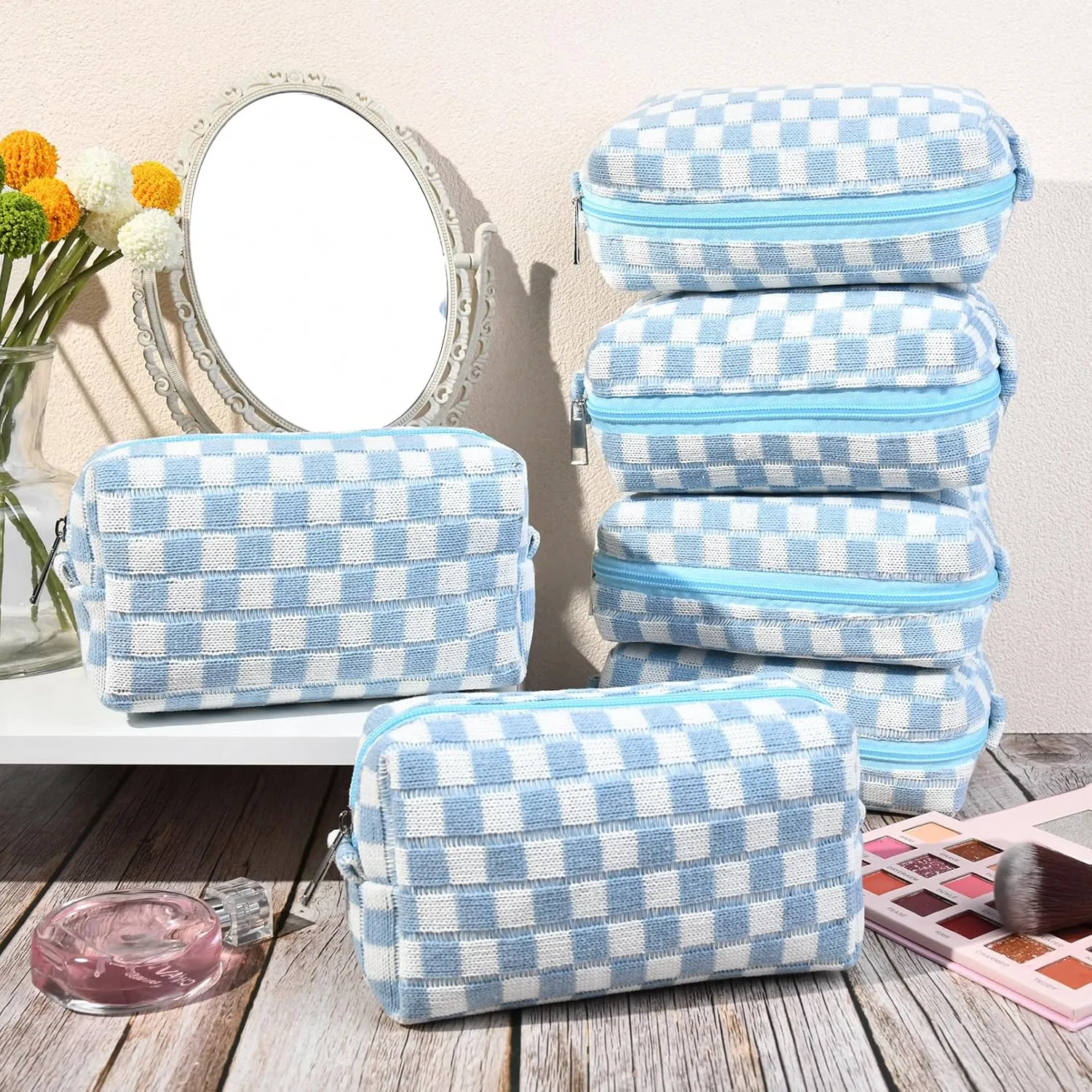 Checkered Makeup Bag Preppy Cosmetic Bag Bulk Blue Makeup Pouch Personalize Travel Toiletry Bag Organizer Cute DIY Makeup Brushes Storage Bag for Women