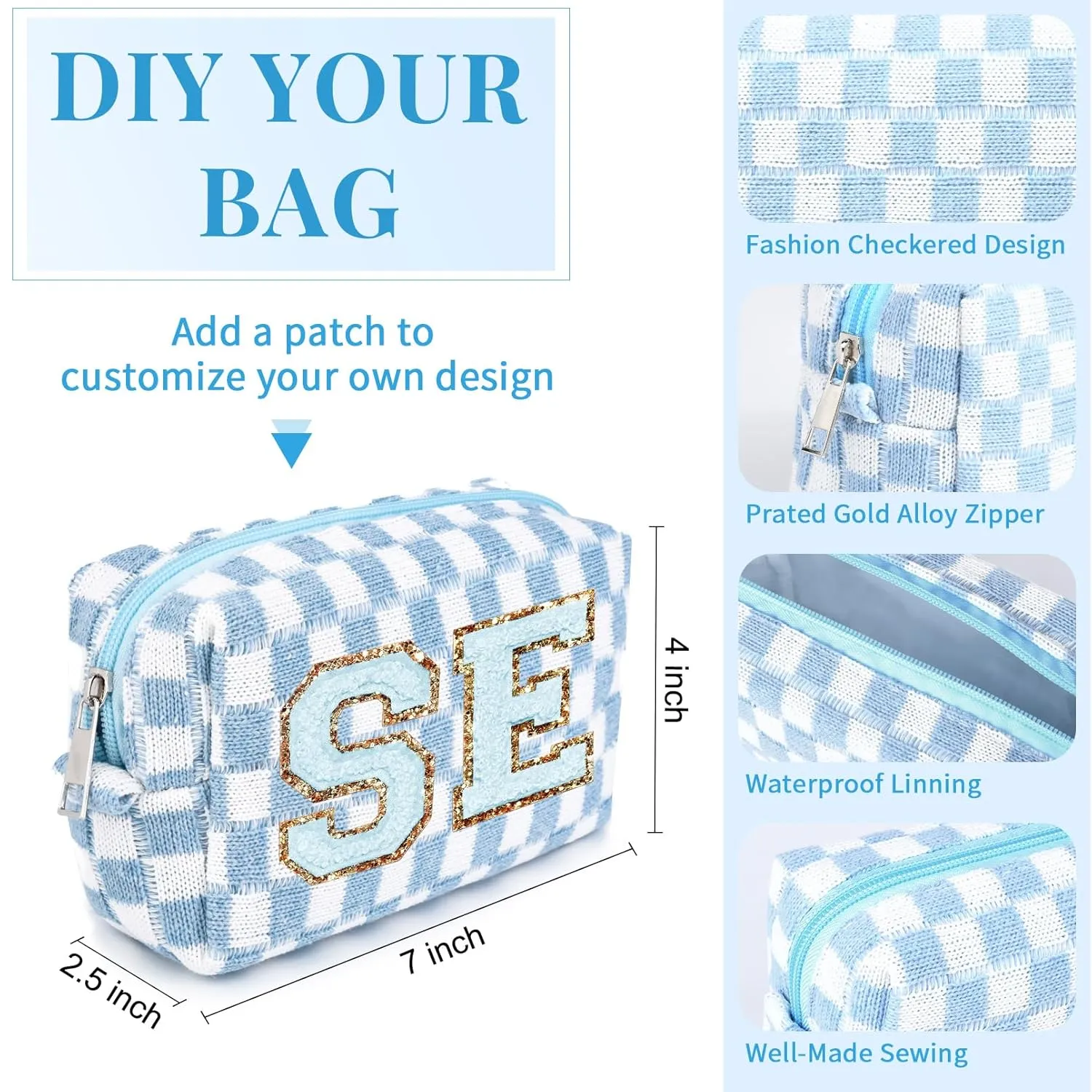Checkered Makeup Bag Preppy Cosmetic Bag Bulk Blue Makeup Pouch Personalize Travel Toiletry Bag Organizer Cute DIY Makeup Brushes Storage Bag for Women