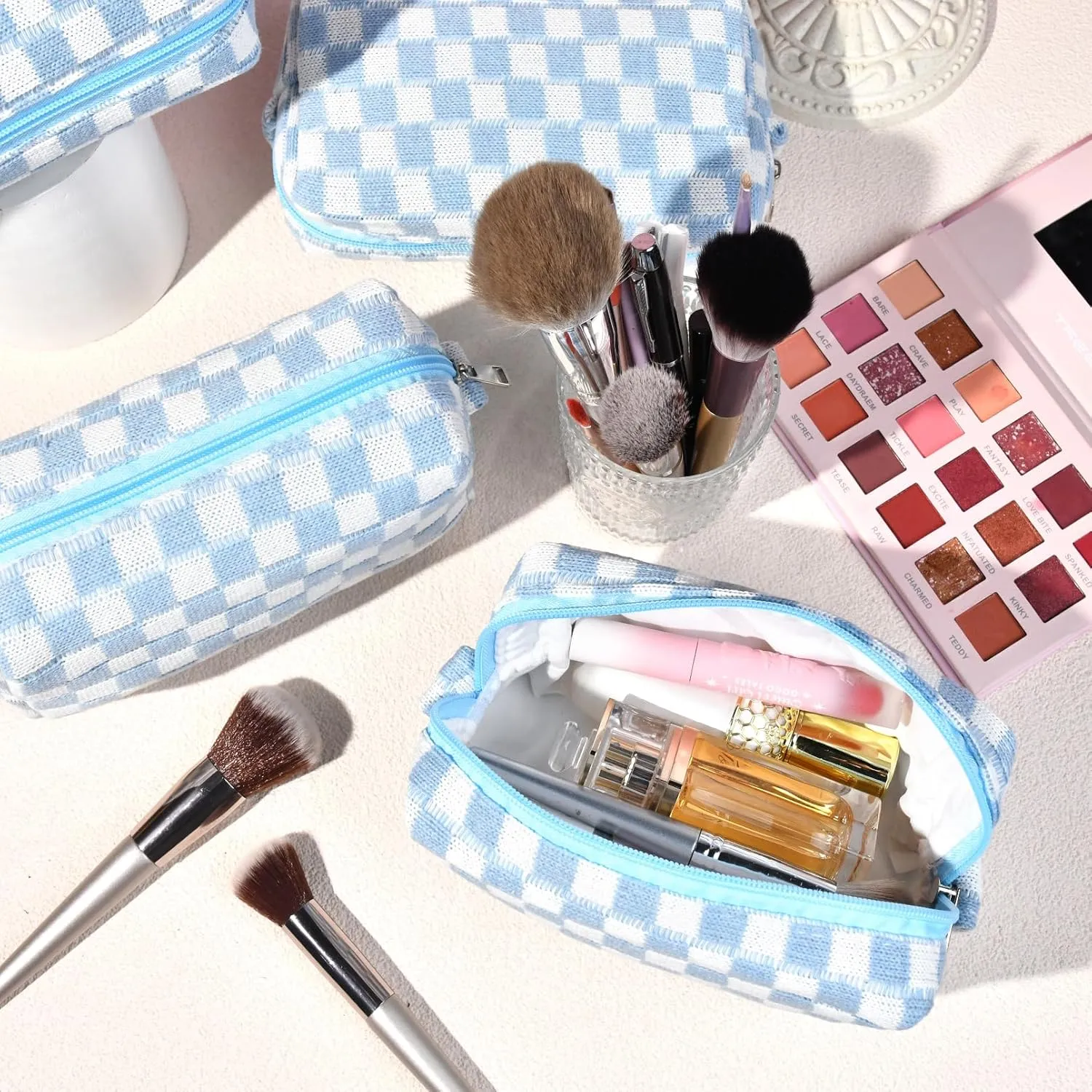 Checkered Makeup Bag Preppy Cosmetic Bag Bulk Blue Makeup Pouch Personalize Travel Toiletry Bag Organizer Cute DIY Makeup Brushes Storage Bag for Women