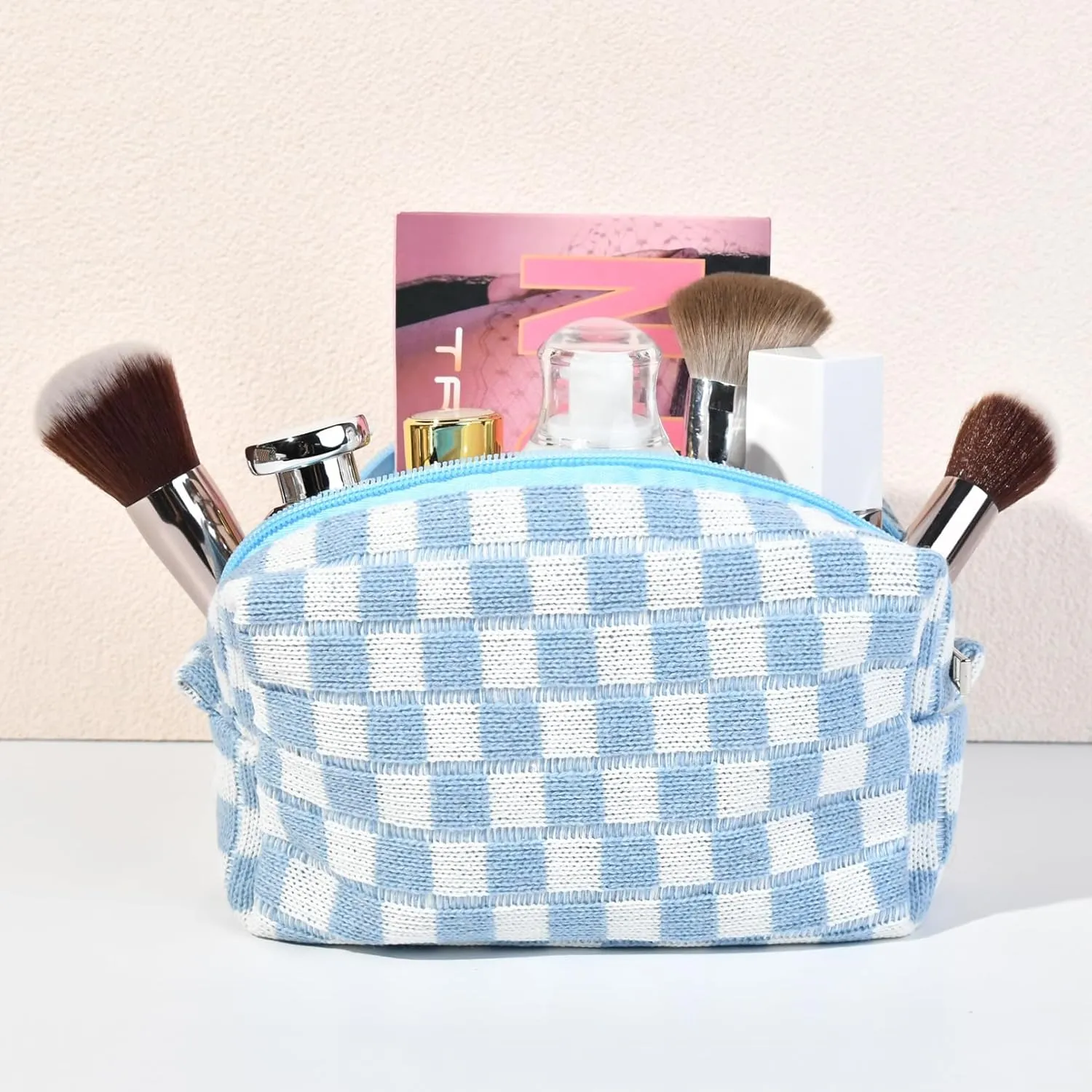 Checkered Makeup Bag Preppy Cosmetic Bag Bulk Blue Makeup Pouch Personalize Travel Toiletry Bag Organizer Cute DIY Makeup Brushes Storage Bag for Women