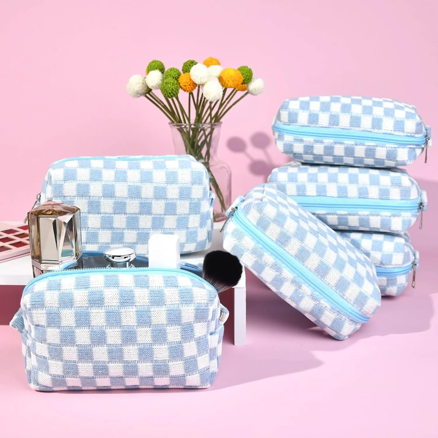 Checkered Makeup Bag Preppy Cosmetic Bag Bulk Blue Makeup Pouch Personalize Travel Toiletry Bag Organizer Cute DIY Makeup Brushes Storage Bag for Women