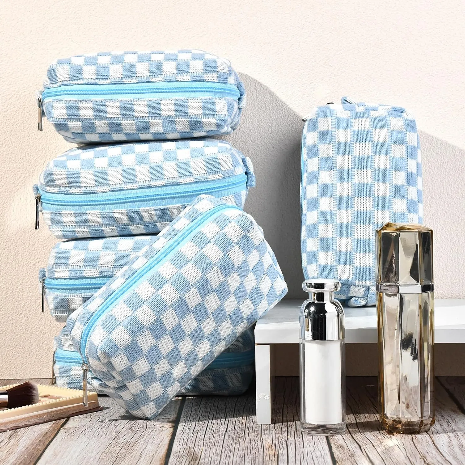 Checkered Makeup Bag Preppy Cosmetic Bag Bulk Blue Makeup Pouch Personalize Travel Toiletry Bag Organizer Cute DIY Makeup Brushes Storage Bag for Women