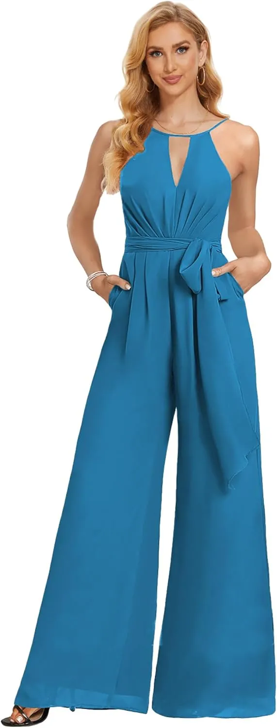 Chiffon Long Jumpsuits for Women Halter Formal Rompers with Pockets Belt Wide Leg Pants One Piece Outfits