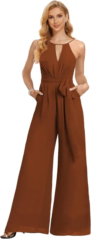 Chiffon Long Jumpsuits for Women Halter Formal Rompers with Pockets Belt Wide Leg Pants One Piece Outfits
