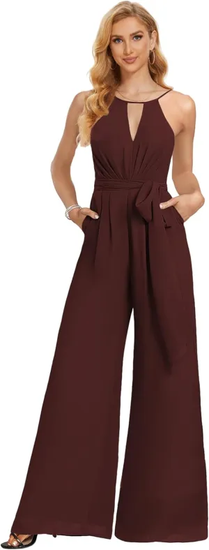 Chiffon Long Jumpsuits for Women Halter Formal Rompers with Pockets Belt Wide Leg Pants One Piece Outfits