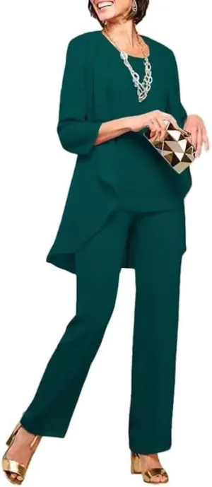 Chiffon Mother of The Bride Pant Suits for Wedding 3 Pieces Wedding Guest Outfits for Women with Jacket