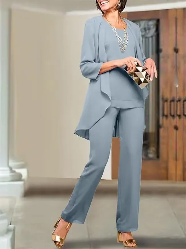 Chiffon Mother of The Bride Pant Suits for Wedding 3 Pieces Wedding Guest Outfits for Women with Jacket