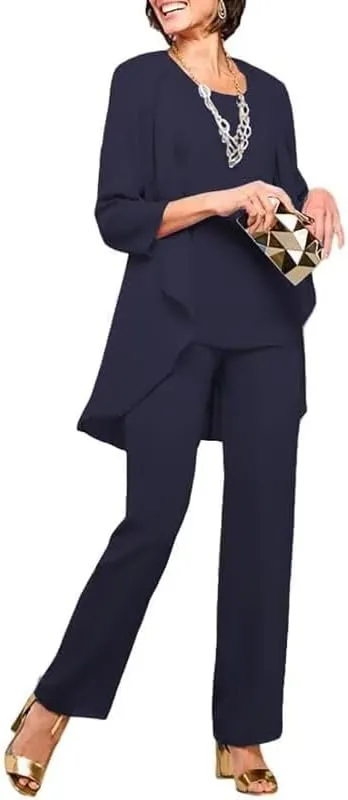 Chiffon Mother of The Bride Pant Suits for Wedding 3 Pieces Wedding Guest Outfits for Women with Jacket