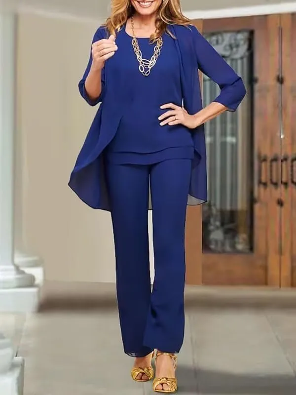 Chiffon Mother of The Bride Pant Suits for Wedding 3 Pieces Wedding Guest Outfits for Women with Jacket
