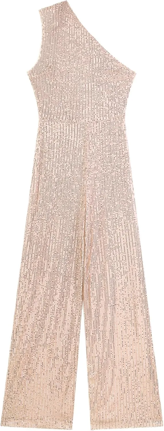 Choomomo Womens Sequin Sleeveless Jumpsuits One Shoulder Elegant Sparkly Wide Leg Long Pants Jumpsuits