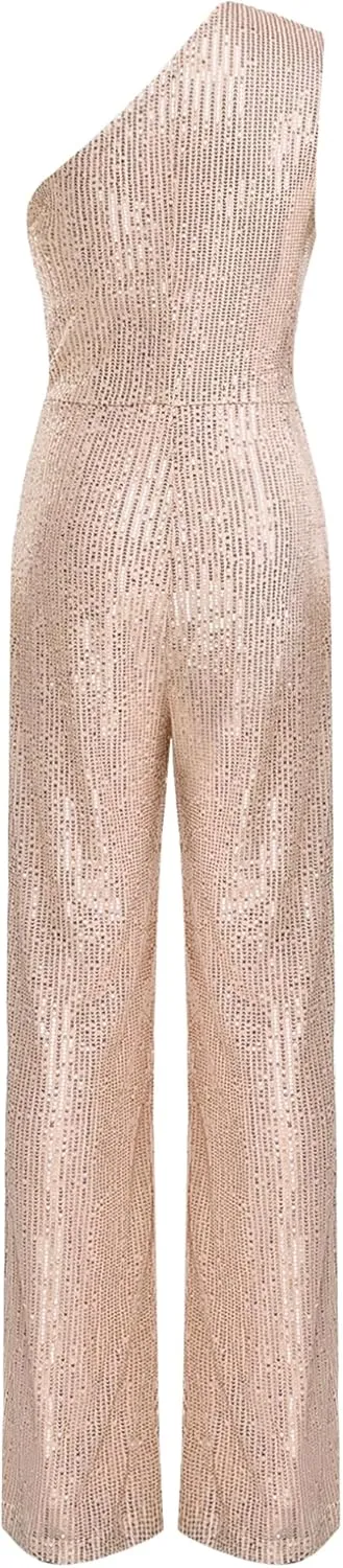 Choomomo Womens Sequin Sleeveless Jumpsuits One Shoulder Elegant Sparkly Wide Leg Long Pants Jumpsuits