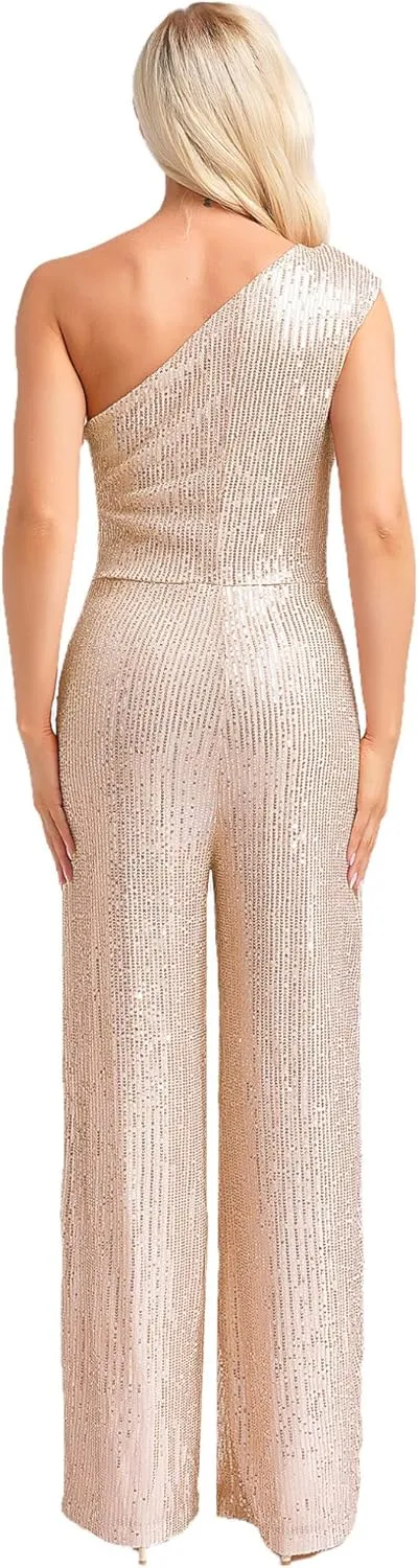 Choomomo Womens Sequin Sleeveless Jumpsuits One Shoulder Elegant Sparkly Wide Leg Long Pants Jumpsuits