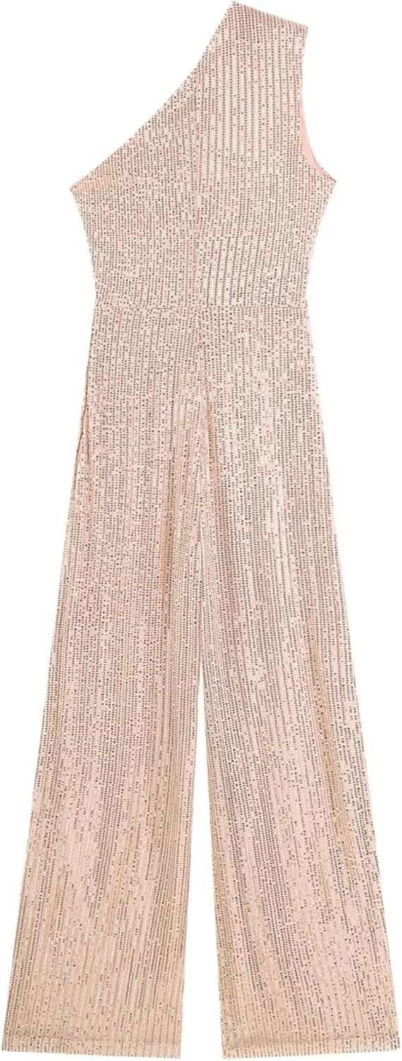 Choomomo Womens Sequin Sleeveless Jumpsuits One Shoulder Elegant Sparkly Wide Leg Long Pants Jumpsuits