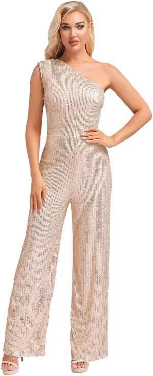 Choomomo Womens Sequin Sleeveless Jumpsuits One Shoulder Elegant Sparkly Wide Leg Long Pants Jumpsuits