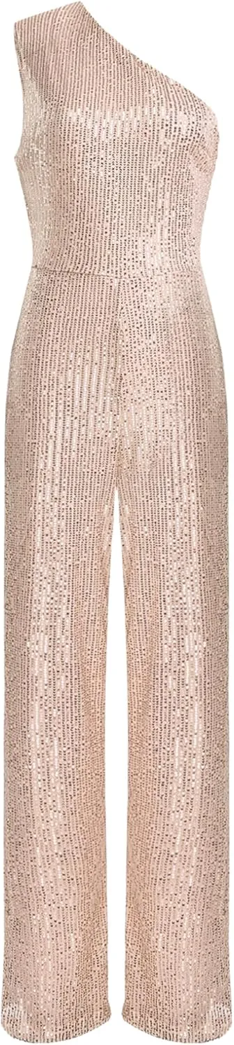 Choomomo Womens Sequin Sleeveless Jumpsuits One Shoulder Elegant Sparkly Wide Leg Long Pants Jumpsuits