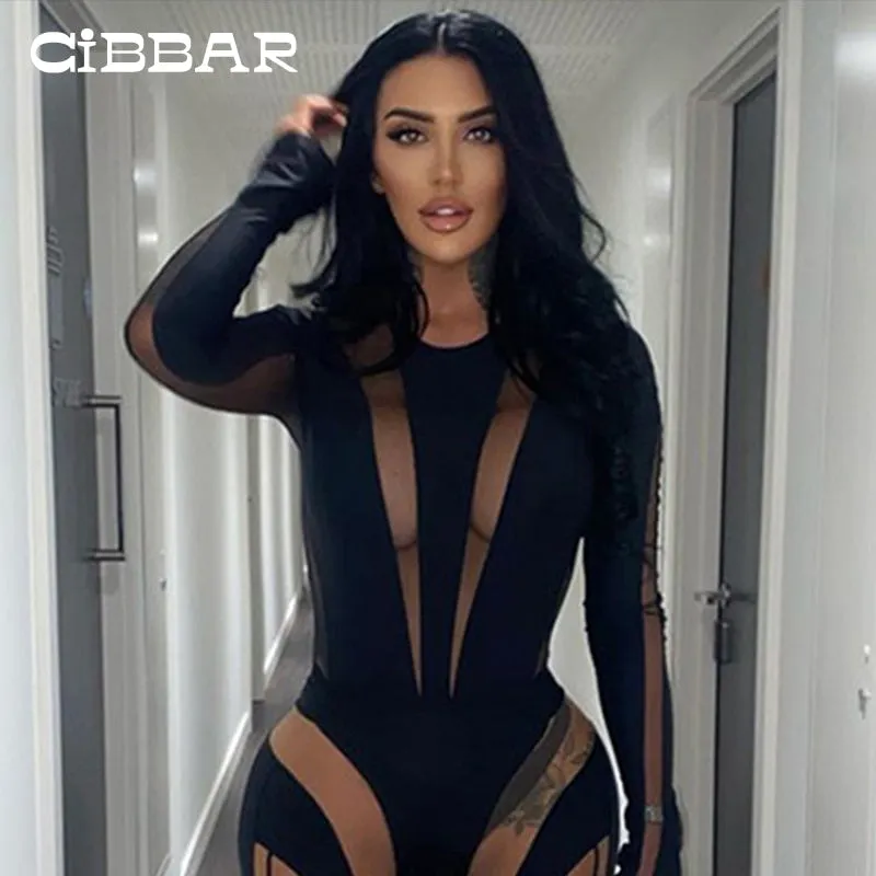 CIBBAR Mesh Patchwork Skinny Bodysuit Women Turtleneck Fashion Long Sleeve Sexy See Through Clubwear Overalls Fashion One Piece