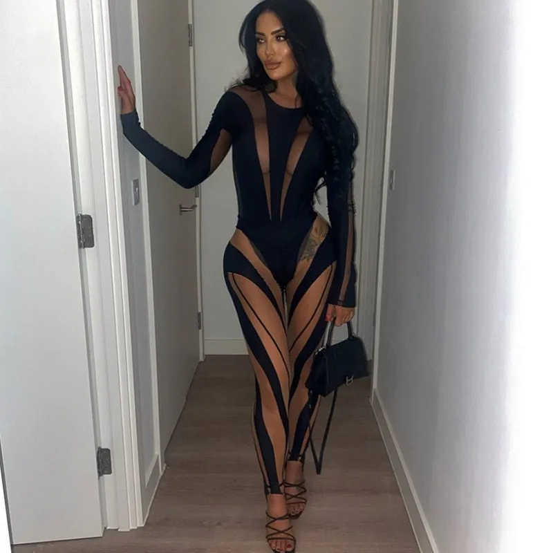 CIBBAR Mesh Patchwork Skinny Bodysuit Women Turtleneck Fashion Long Sleeve Sexy See Through Clubwear Overalls Fashion One Piece