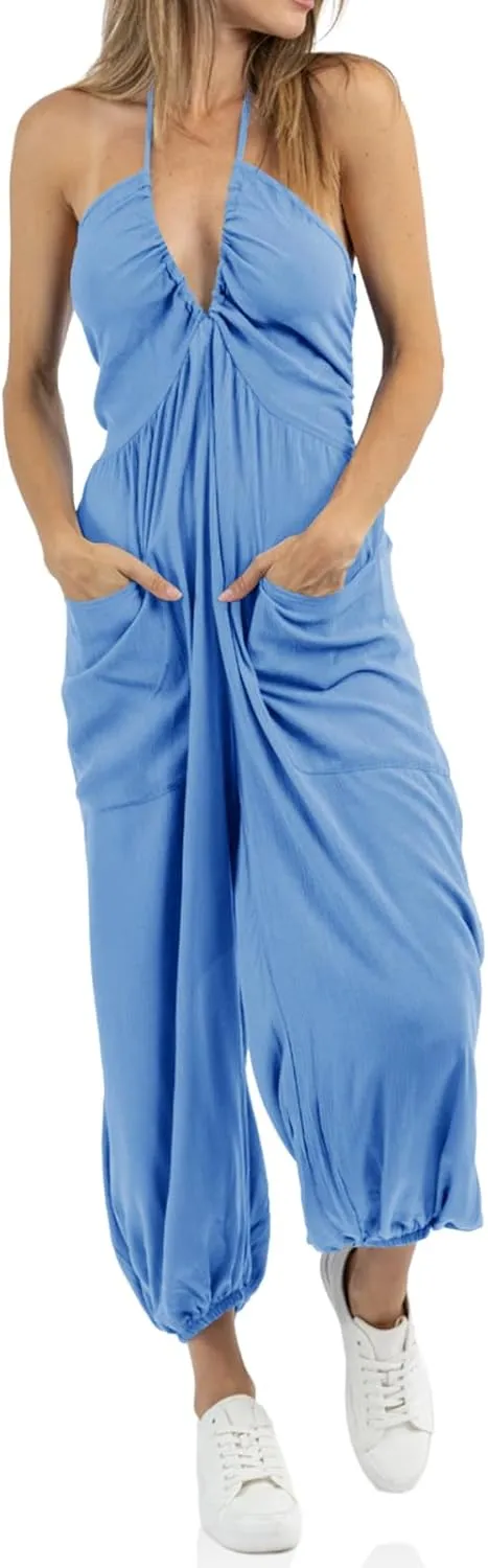 Cicy Bell Women's Sexy Halter Jumpsuits Casual Deep V Nevk Beach Jogger Long Pants Rompers