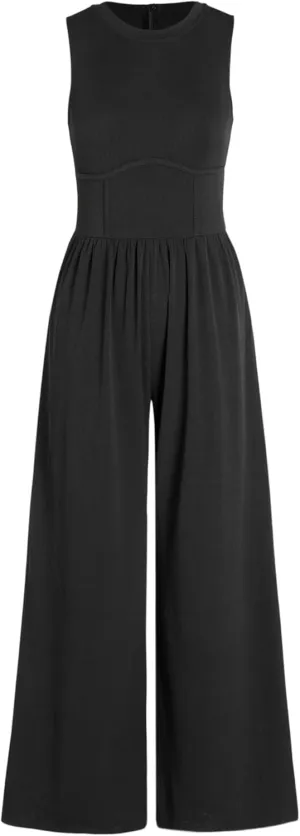 CIDER Jumpsuits for Women Sleeveless Wide Leg Overalls Dressy Crewneck One Piece Jumpsuits with Pockets Summer Fall
