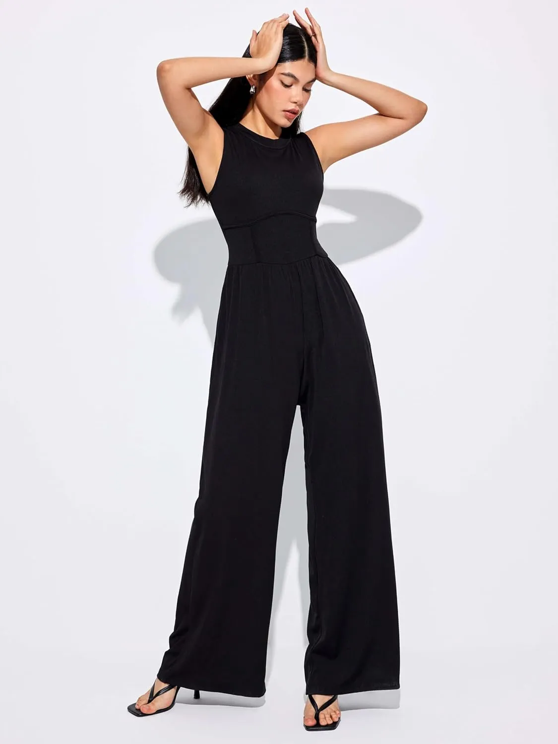CIDER Jumpsuits for Women Sleeveless Wide Leg Overalls Dressy Crewneck One Piece Jumpsuits with Pockets Summer Fall