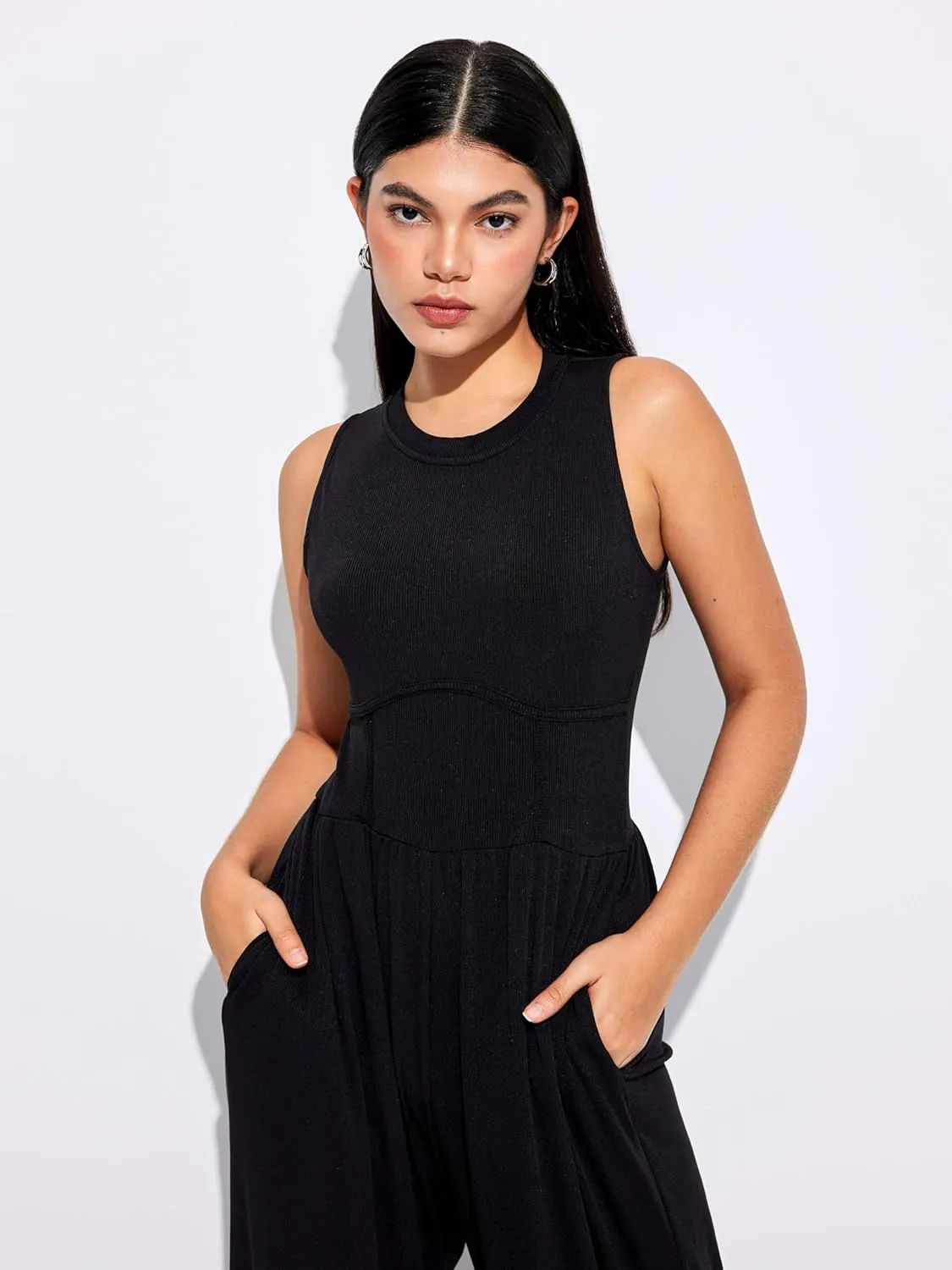 CIDER Jumpsuits for Women Sleeveless Wide Leg Overalls Dressy Crewneck One Piece Jumpsuits with Pockets Summer Fall