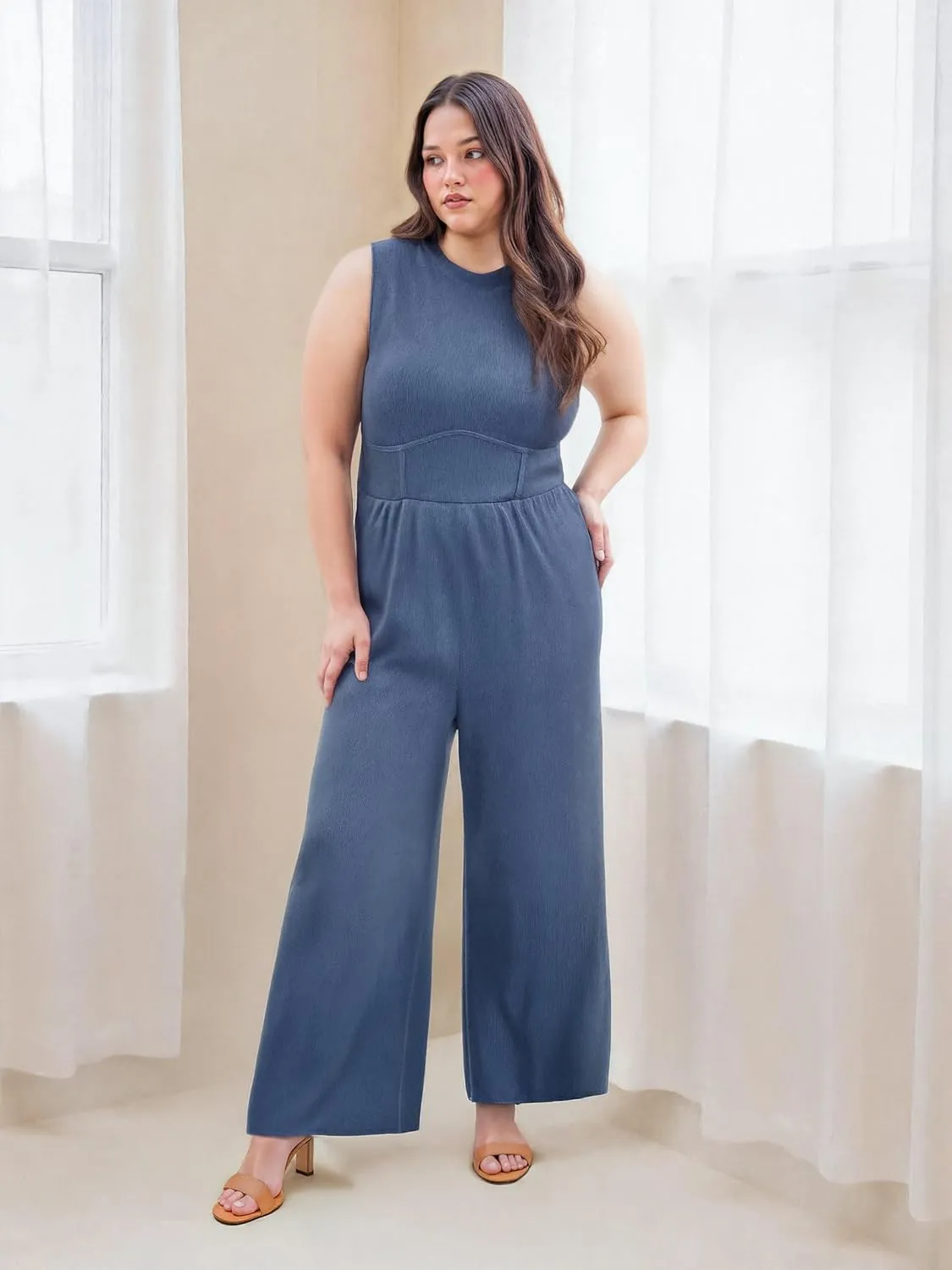 CIDER Plus Size Jumpsuits For Curvy Women Crew Neck Sleeveless Elegant Wide Leg Jumpsuits Dressy Casual Summer Outfits