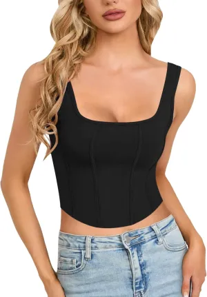 CLOZOZ Womens Bustier Corset Crop Tank Top Square Neck Sexy Crop Tops for Women Going Out Tops Trendy
