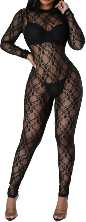Clubwear Sexy Jumpsuit for Women Bodycon Long Sleeve See Through Long Skinny Pants for Evening Party