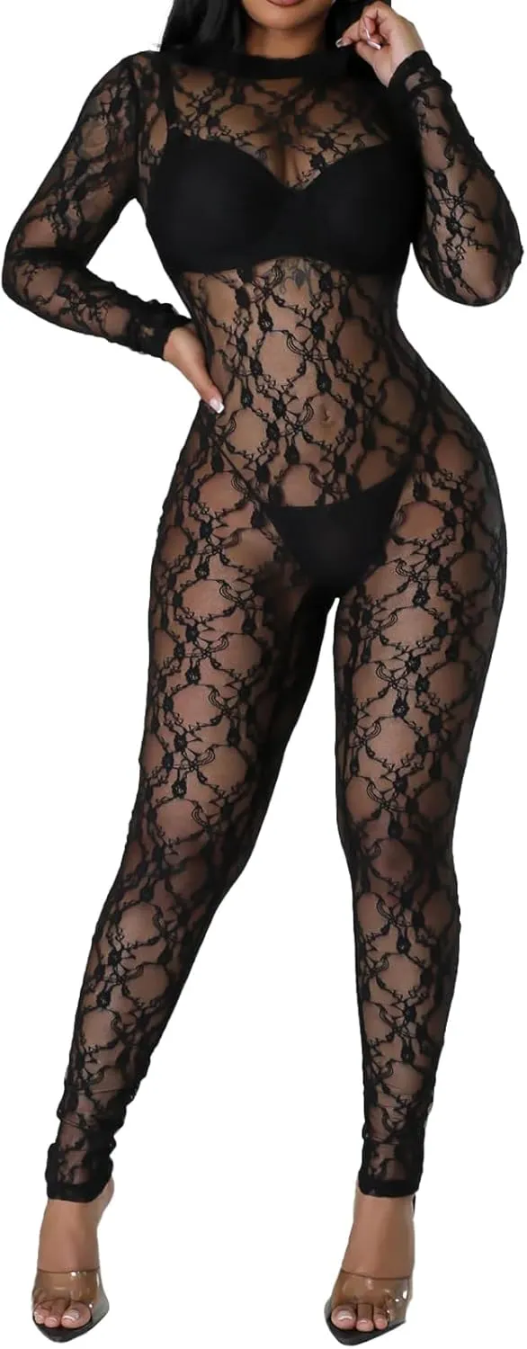 Clubwear Sexy Jumpsuit for Women Bodycon Long Sleeve See Through Long Skinny Pants for Evening Party