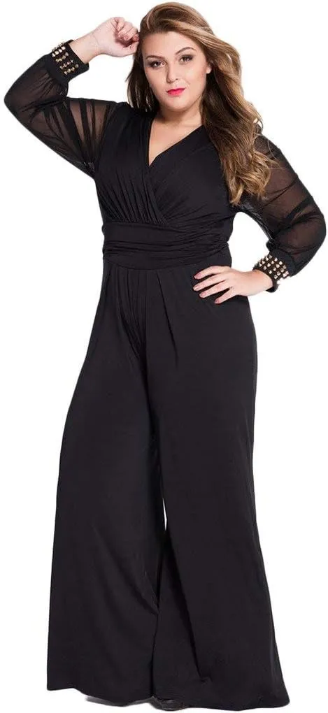 Cokar Womens Plus Size Jumpsuits Long Sleeve V-Neck Casual Style Set