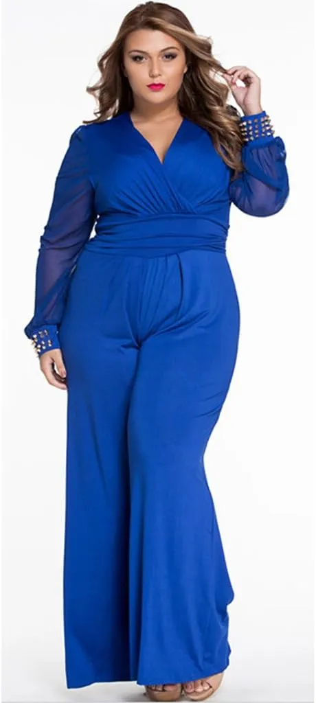 Cokar Womens Plus Size Jumpsuits Long Sleeve V-Neck Casual Style Set