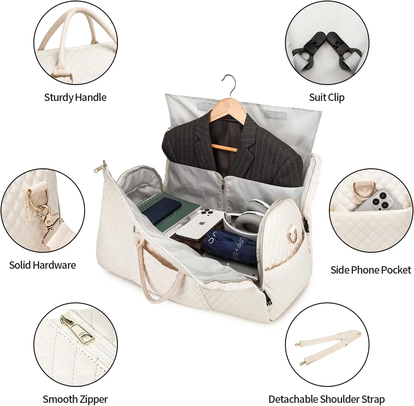Convertible Garment Duffel Bag for Travel Womens Carry On Garment Bags With Toiletry Bag Large Weekender Bag Shoe Pouch 2 in 1 Hanging Suitcase Suit Travel Duffel Overnight Bags 2pcs Set Beige