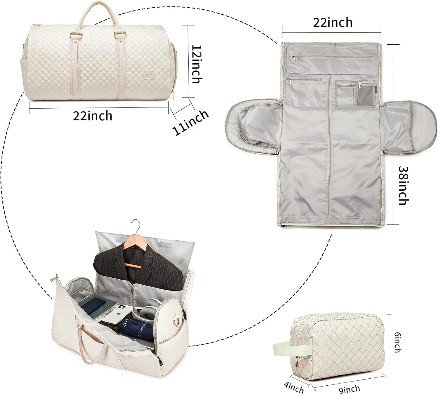 Convertible Garment Duffel Bag for Travel Womens Carry On Garment Bags With Toiletry Bag Large Weekender Bag Shoe Pouch 2 in 1 Hanging Suitcase Suit Travel Duffel Overnight Bags 2pcs Set Beige