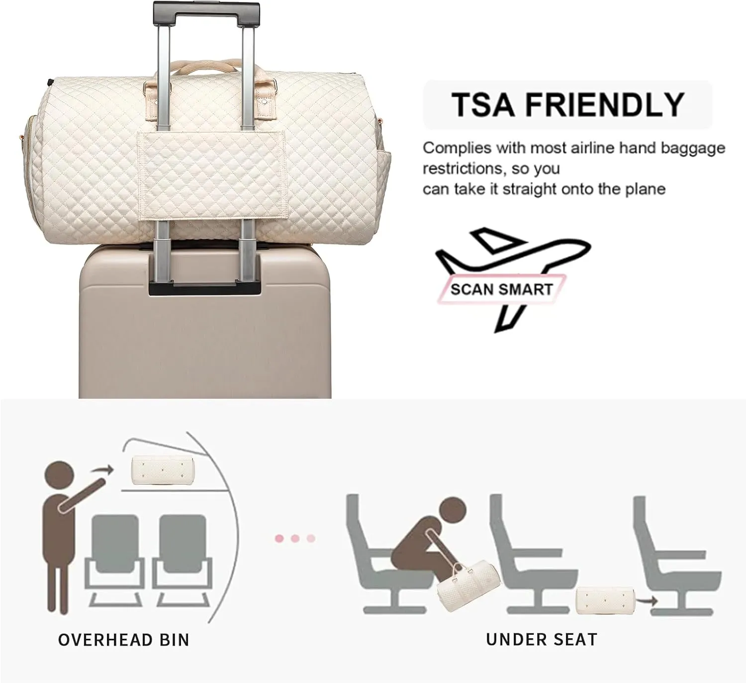 Convertible Garment Duffel Bag for Travel Womens Carry On Garment Bags With Toiletry Bag Large Weekender Bag Shoe Pouch 2 in 1 Hanging Suitcase Suit Travel Duffel Overnight Bags 2pcs Set Beige