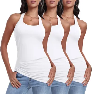 Cotton Racerback Long Tank Tops for Women Tunic Layering Sleeveless Undershirts Moisture Wicking 3 Packs