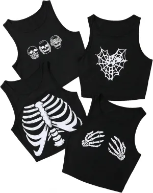 COZYEASE Women's 4 Packs Y2K Skull Graphic Crop Tank Tops Grunge Punk Sleeveless Tops