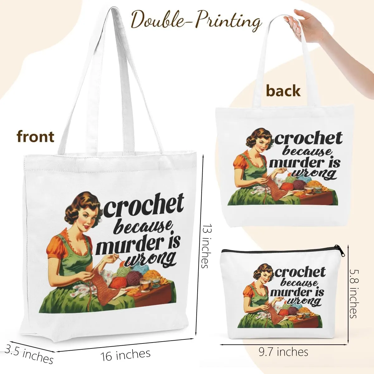 Crochet Knitting Supplies Canvas Tote Bag Makeup Bag Set, Crochet Accessories Gifts for Women Grocery Cosmetic Bags